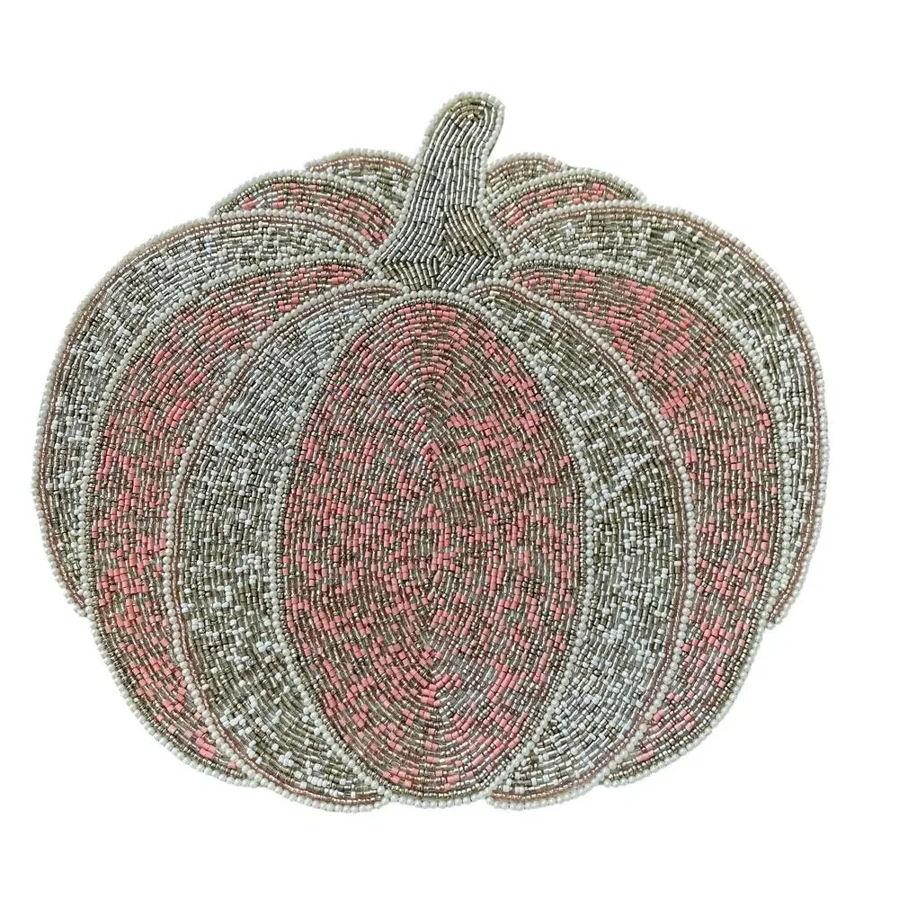 Tahari PINK PUMPKIN Beaded Placemat Charger 15in Gold Silver Holiday Glam NEW